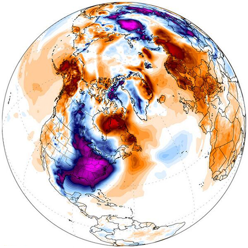 7 Ocak 2014'te Dünya genelindeki sıcaklık farkları. Kırmızı daha sıcağı gösterir, mavi daha soğuğu. Credit: Climate Change Institute, University of Maine, Orono
