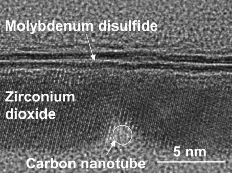 Transistörün yan kesitine ait aktarmalı elektron mikroskobu görüntüsü. 1 nm uzunluğundaki karbon nanotüp geçit ve zirkonyum dioksit ile ayrılmış MoS2 yarıiletkeni görülüyor. (Credit: Qingxiao Wang/UT Dallas)